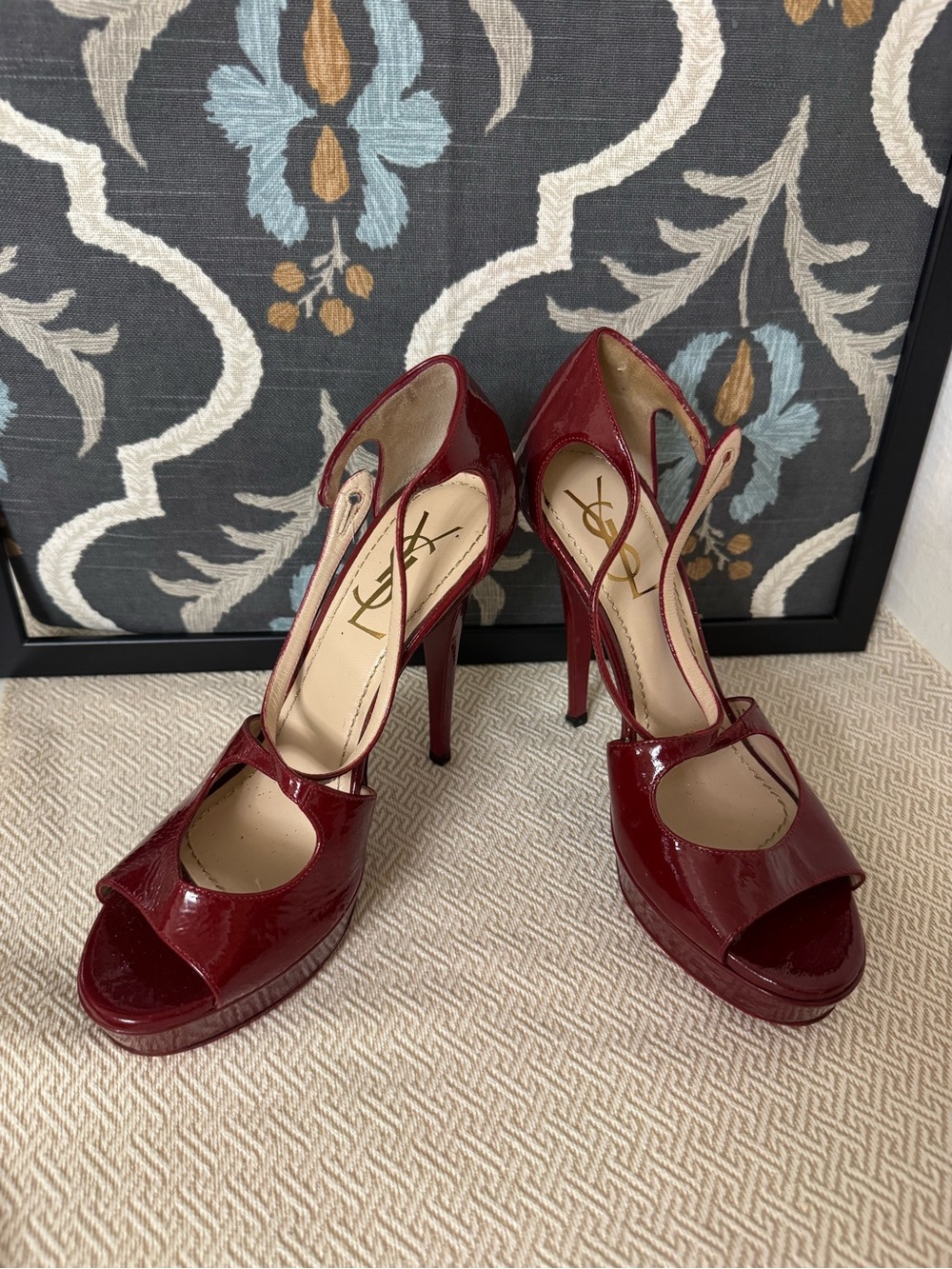 Yves Saint Laurent Burgundy Patent Peep-Toe Platform Stiletto Heels
